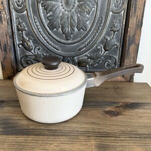 Vintage Aluminum Club Cookware 2 Quart Sauce Pan Pot Beige w/ Brown Stripes